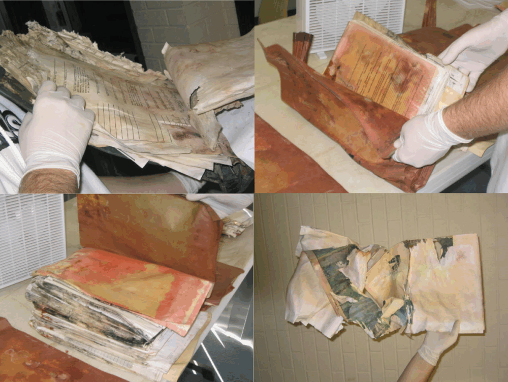 ruined documents after hurricane, shows our document recovery beginning